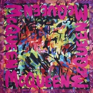 Alexander McQueen Multicolor Graffiti Silk Scarf with Pink Logo Border